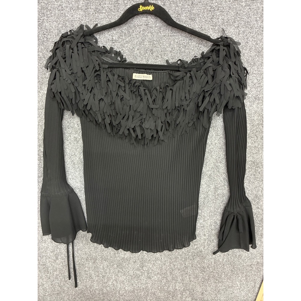 Kaelyn Max Black Pleated Off Shoulder Fringe Bell Sleeve Tie Cuff Top Medium